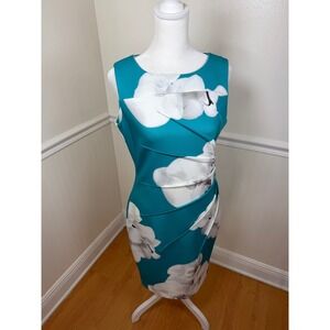 Calvin Klein Sheath Dress Women Size 6 Teal Blue Ruched Side Pleated Orchid